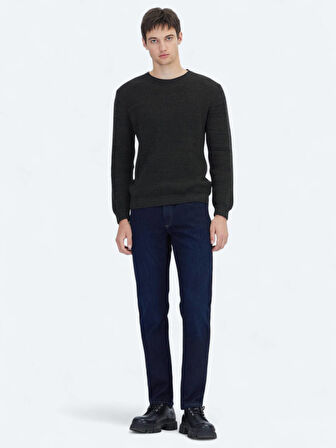 Siyah Bisiklet Yaka Desenli Pamuk Karışımlı Triko Kazak