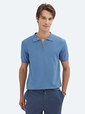 Havacı Mavi Polo Yaka Düz Örgü Triko