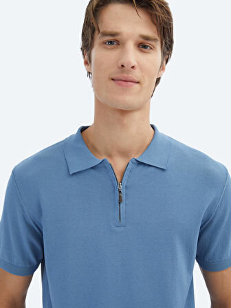 Havacı Mavi Polo Yaka Düz Örgü Triko