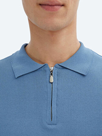 Havacı Mavi Polo Yaka Düz Örgü Triko