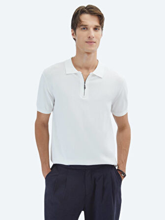 Kırık Beyaz Polo Yaka Düz Örgü Triko