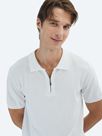 Kırık Beyaz Polo Yaka Düz Örgü Triko