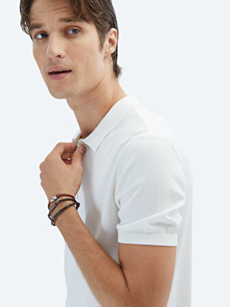 Kırık Beyaz Polo Yaka Düz Örgü Triko