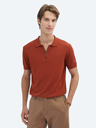 Kiremit Polo Yaka Düz Örgü Triko