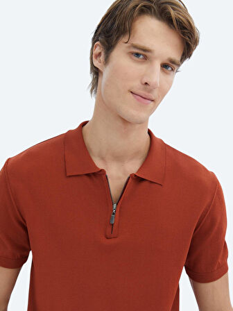 Kiremit Polo Yaka Düz Örgü Triko