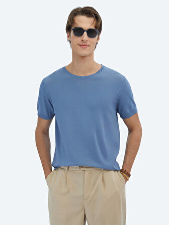 Havacı Mavi Bisiklet Yaka Düz Örgü Triko