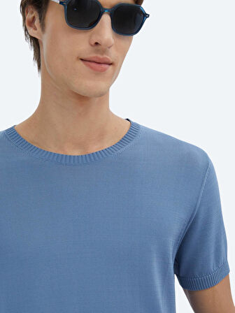 Havacı Mavi Bisiklet Yaka Düz Örgü Triko