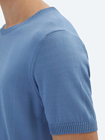 Havacı Mavi Bisiklet Yaka Düz Örgü Triko