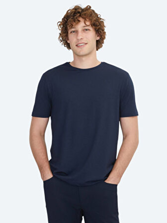Lacivert Düz Bisiklet Yaka Pamuk Karışımlı T-Shirt