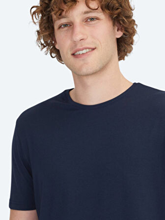 Lacivert Düz Bisiklet Yaka Pamuk Karışımlı T-Shirt