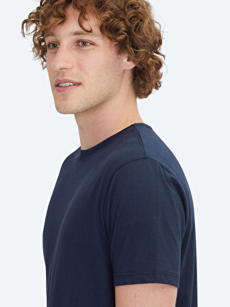 Lacivert Düz Bisiklet Yaka Pamuk Karışımlı T-Shirt