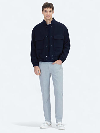 Lacivert Comfort Fit Dik Yaka Casual Dokuma Mont