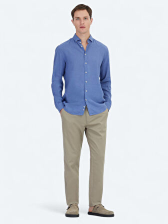 Havacı Mavi Düz Regular Fit Dokuma Casual Pamuk Karışımlı Gömlek