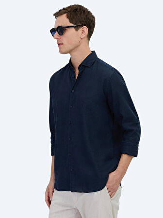 Lacivert Düz Regular Fit Dokuma Casual Pamuk Karışımlı Gömlek
