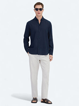 Lacivert Düz Regular Fit Dokuma Casual Pamuk Karışımlı Gömlek