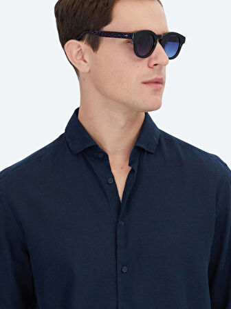 Lacivert Düz Regular Fit Dokuma Casual Pamuk Karışımlı Gömlek