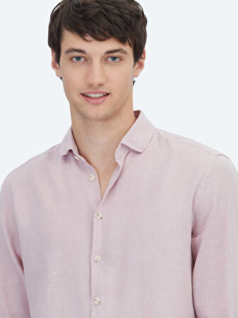 Pembe Düz Regular Fit Dokuma Casual Pamuk Karışımlı Gömlek