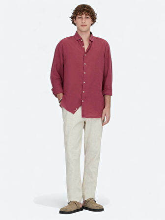 Mürdüm Düz Regular Fit Dokuma Casual Pamuk Karışımlı Gömlek