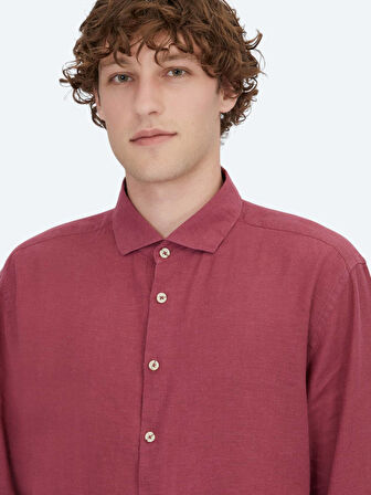 Mürdüm Düz Regular Fit Dokuma Casual Pamuk Karışımlı Gömlek