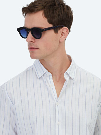 Mavi Çizgili Regular Fit Dokuma Casual %100 Pamuk Gömlek