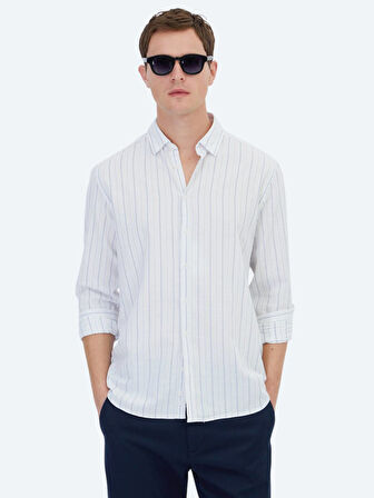 Mavi Çizgili Regular Fit Dokuma Casual %100 Pamuk Gömlek
