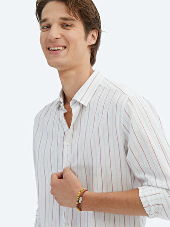 Kiremit Çizgili Regular Fit Dokuma Casual %100 Pamuk Gömlek