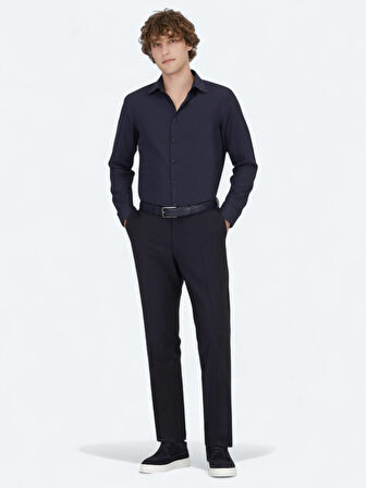 Lacivert Düz Slim Fit Dokuma Klasik Pamuk Karışımlı Gömlek