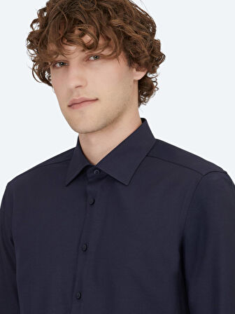 Lacivert Düz Slim Fit Dokuma Klasik Pamuk Karışımlı Gömlek