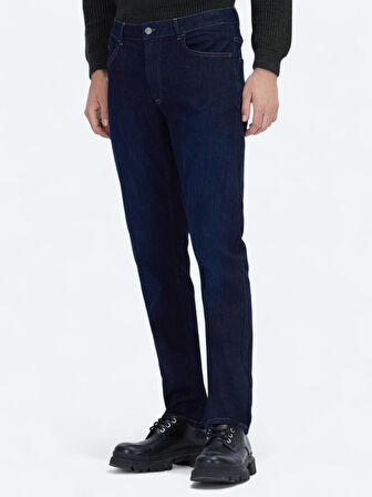 Lacivert Düz Slim Fit Denim Pamuk Karışımlı Pantolon