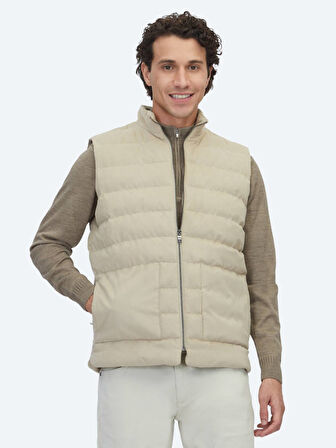 Bej Regular Fit Dik Yaka Casual Dokuma Spor Yelek