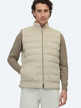 Bej Regular Fit Dik Yaka Casual Dokuma Spor Yelek