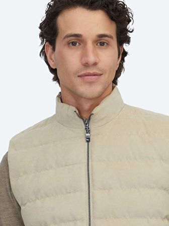Bej Regular Fit Dik Yaka Casual Dokuma Spor Yelek