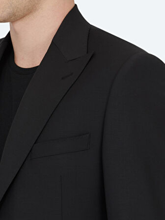 Siyah Düz Modern Fit Yün Karışımlı Takım Elbise