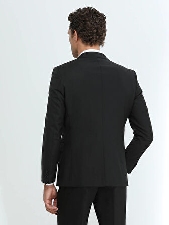 Siyah Düz Modern Fit Yün Karışımlı Takım Elbise