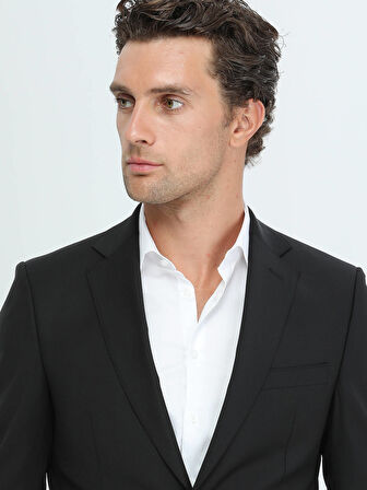 Siyah Düz Modern Fit Yün Karışımlı Takım Elbise