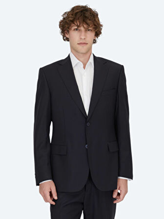 Lacivert Düz Modern Fit Yün Karışımlı Takım Elbise