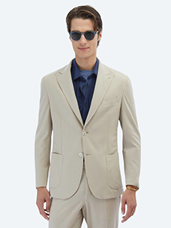 Bej Düz Modern Fit %100 Pamuk Örme Takım Elbise