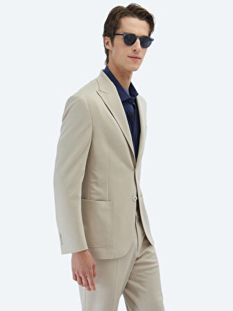 Bej Düz Modern Fit %100 Pamuk Örme Takım Elbise