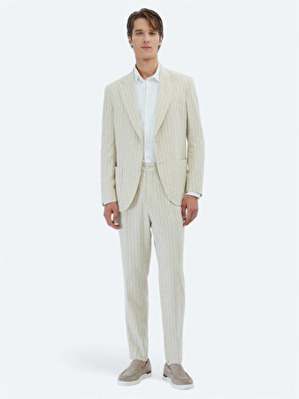 Bej Çizgili Comfort Fit Keten Karışımlı Takım Elbise