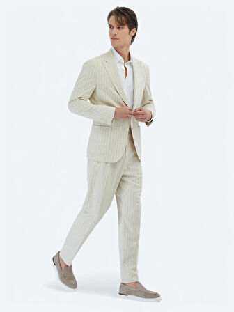 Bej Çizgili Comfort Fit Keten Karışımlı Takım Elbise