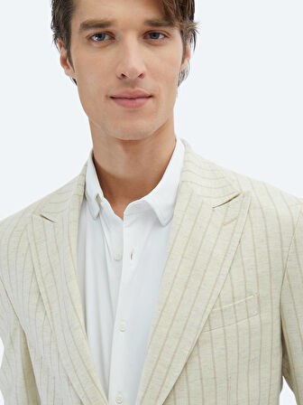 Bej Çizgili Comfort Fit Keten Karışımlı Takım Elbise