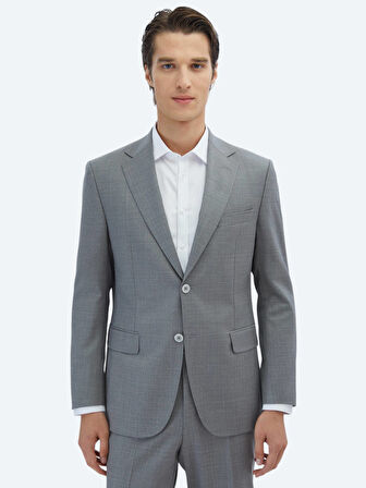 Gri Desenli Modern Fit Yün Karışımlı Takım Elbise