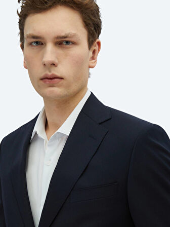 Lacivert Desenli Modern Fit Yün Karışımlı Takım Elbise