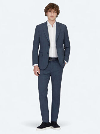 Lacivert Desenli Modern Fit Yün Karışımlı Takım Elbise