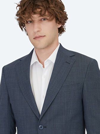 Lacivert Desenli Modern Fit Yün Karışımlı Takım Elbise