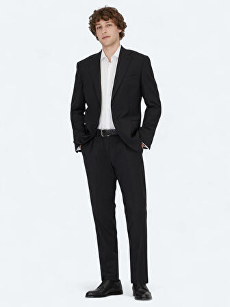 Siyah Desenli Modern Fit Yün Karışımlı Takım Elbise