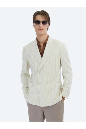 Bej Çizgili Modern Fit Keten Karışımlı Ceket
