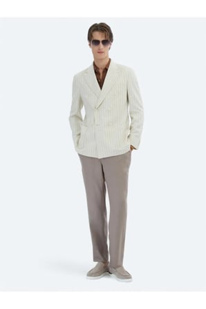 Bej Çizgili Modern Fit Keten Karışımlı Ceket