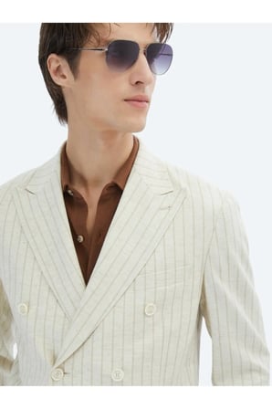 Bej Çizgili Modern Fit Keten Karışımlı Ceket