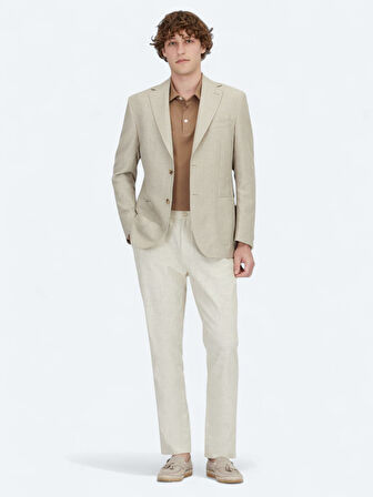 Açık Bej Düz Modern Fit Yün Karışımlı Ceket